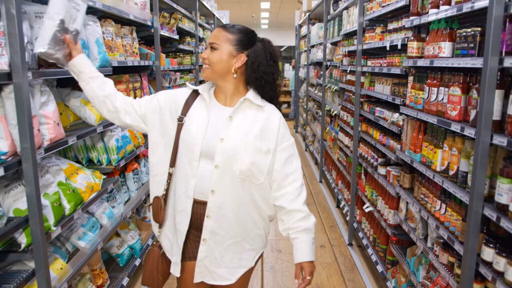 A woman with dark curly hair, wearing a white oversized shirt and brown trousers, smiles while reaching for an item on a high shelf in a supermarket aisle filled with colourful packaged goods and bottles. She carries a brown shoulder bag.