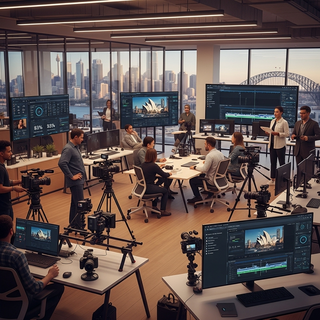 Modern video production setup in Sydney office with AI technology