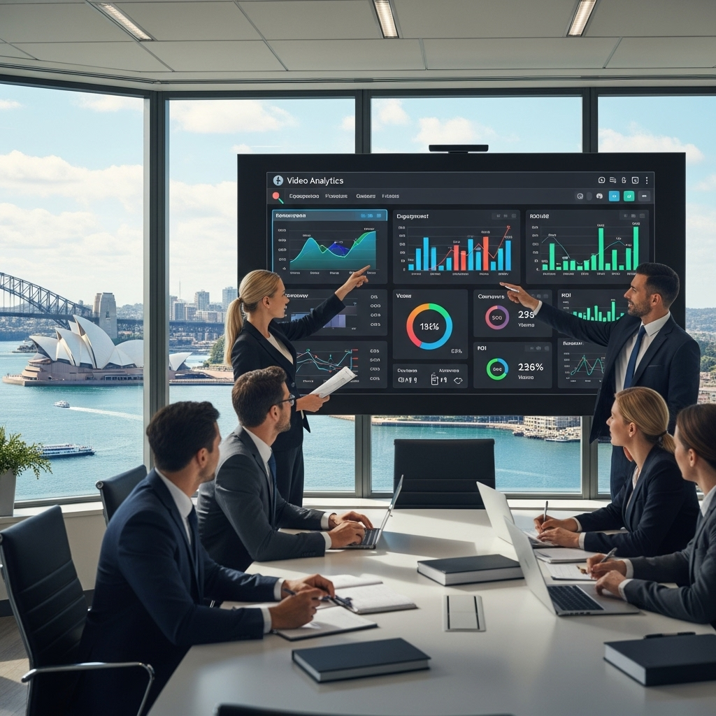 Business professionals analyzing video analytics dashboard in Sydney office