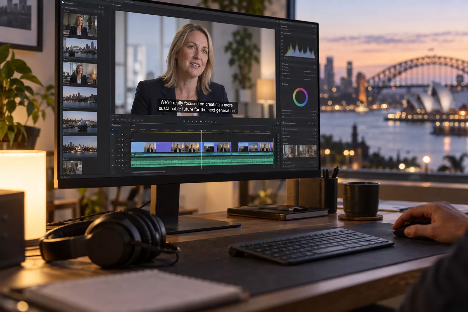 Video editor adding closed captions to a corporate interview video