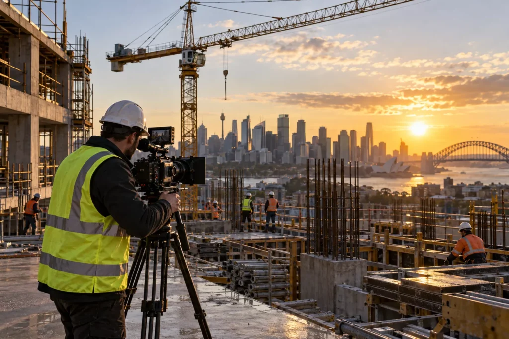 Videographer in PPE filming a Sydney construction site at golden hour