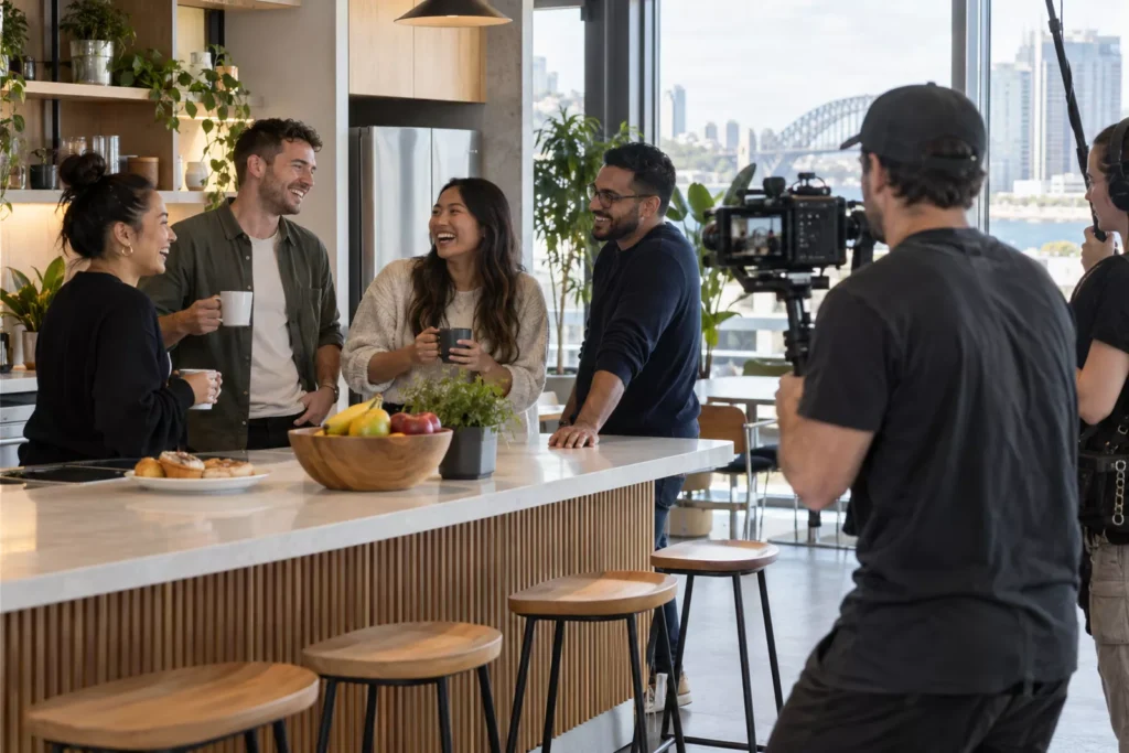Film crew capturing a candid team moment for a workplace culture video
