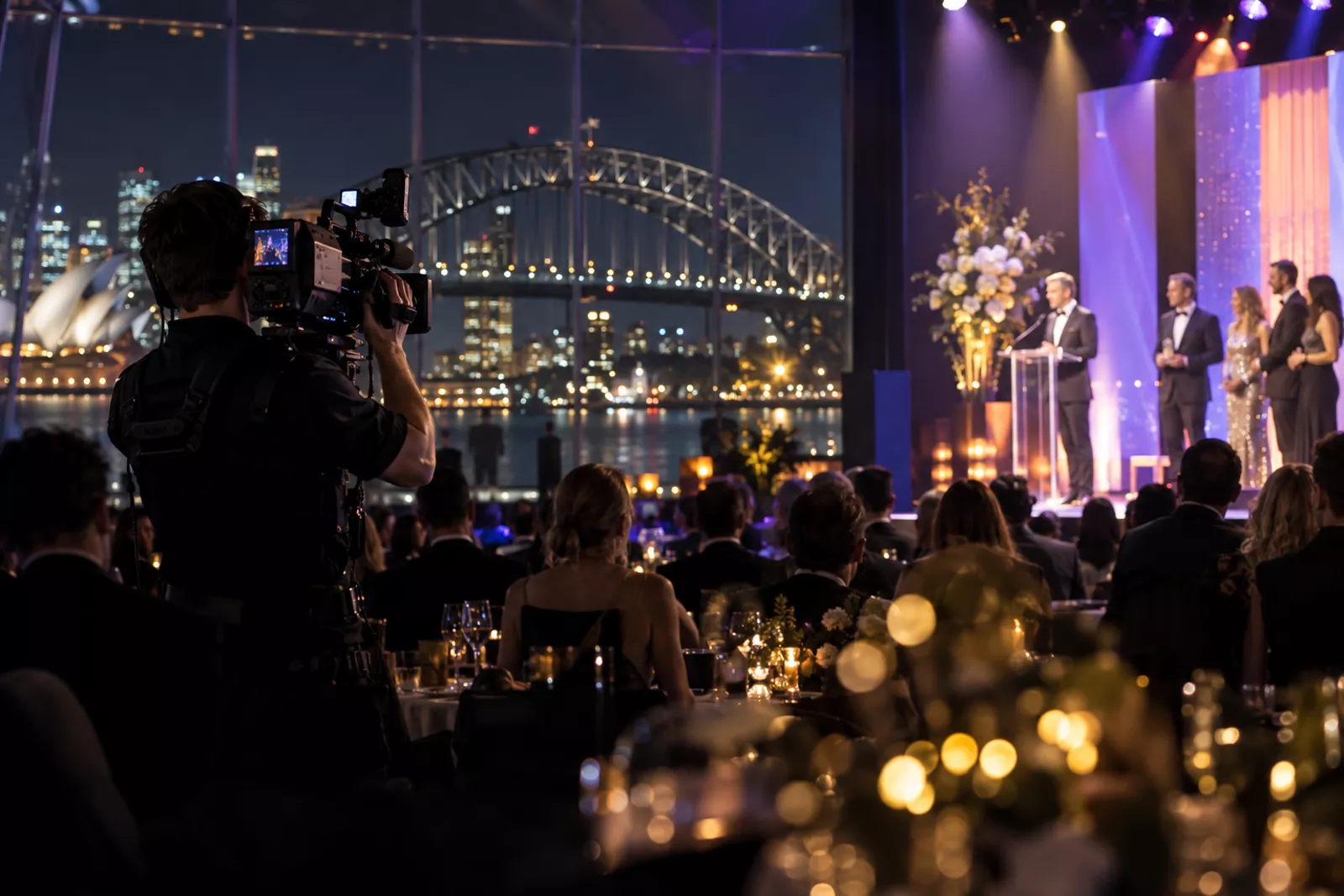 Videographer filming a corporate gala at a Sydney harbourside venue