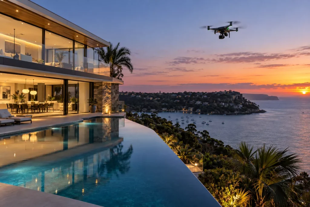 Drone filming a luxury waterfront home at twilight in Sydney