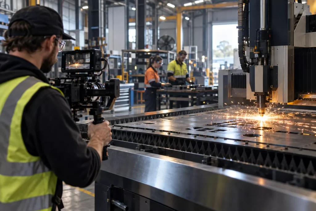Videographer filming precision machinery inside a manufacturing facility