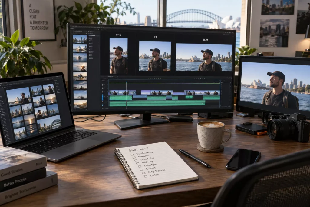 Editing suite showing one video cut into vertical, square and widescreen formats