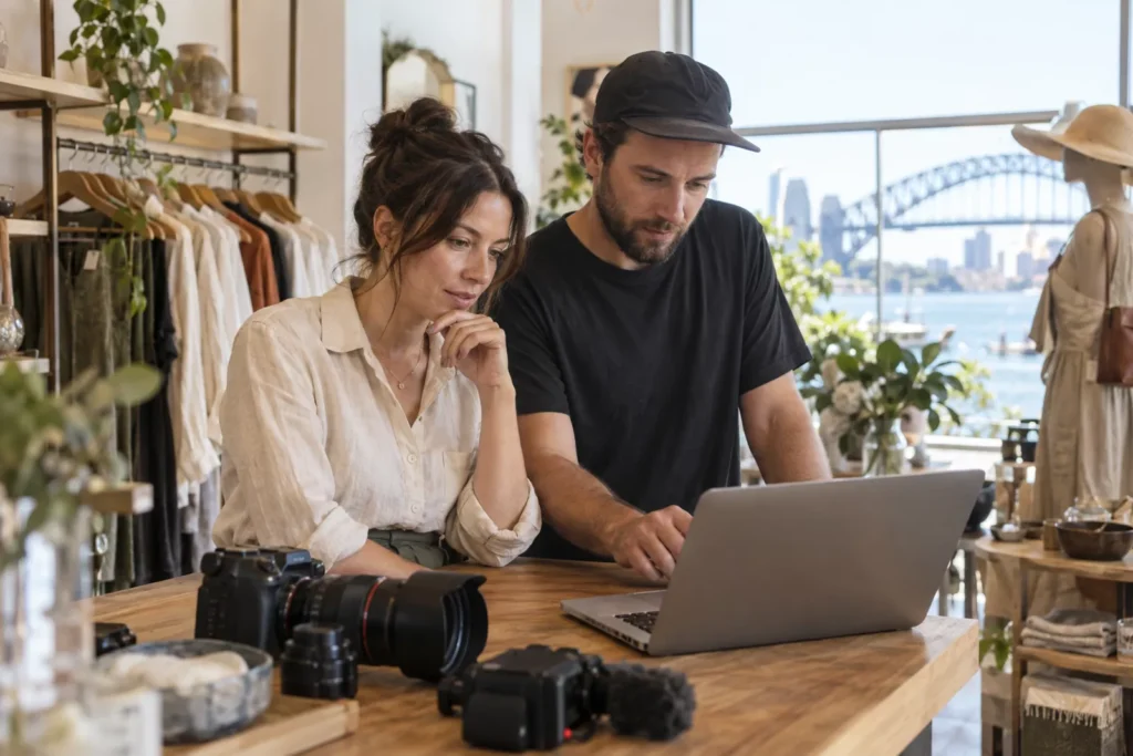 Small business owner reviewing a marketing video with a videographer