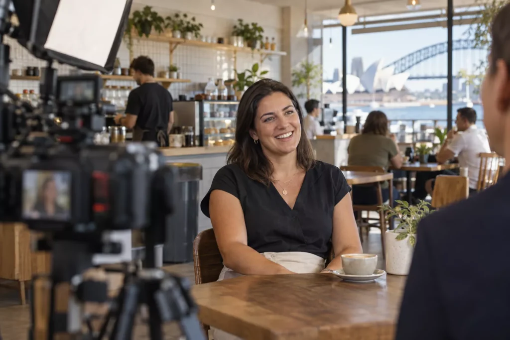 Business owner giving a customer testimonial interview on camera