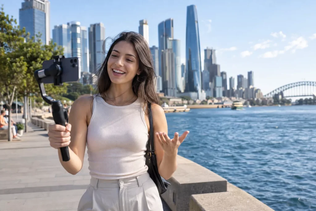 Creator filming vertical social video on the Sydney waterfront