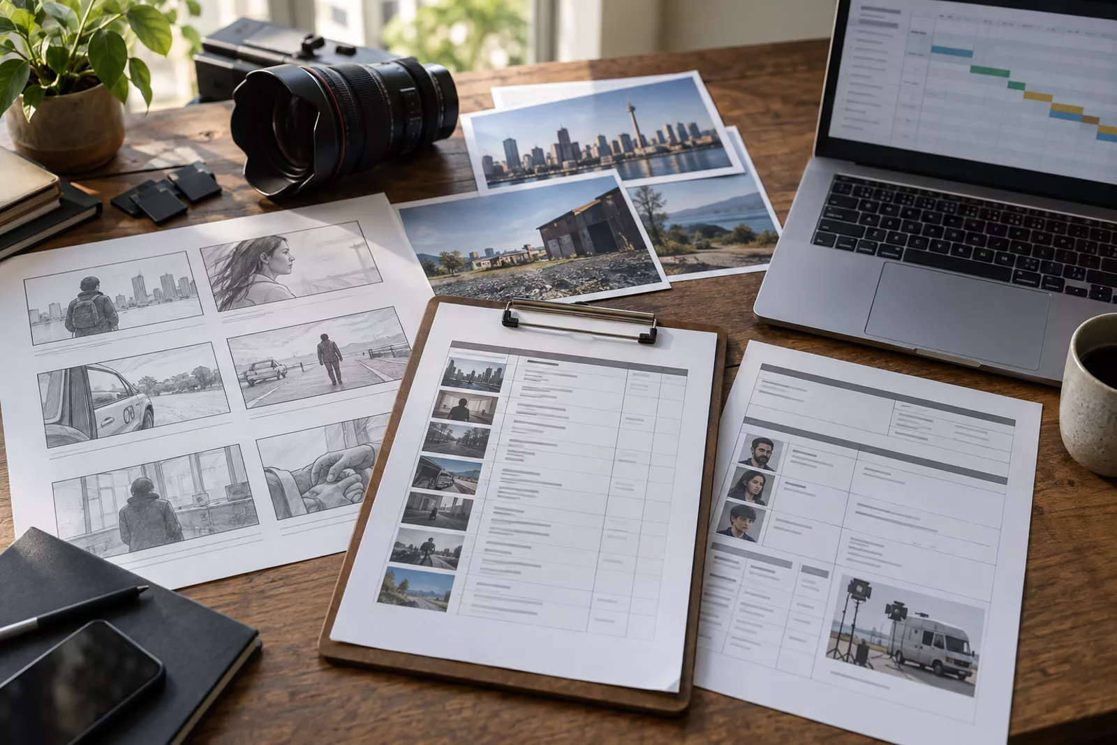 Storyboards, shot list and call sheet laid out for video pre-production planning
