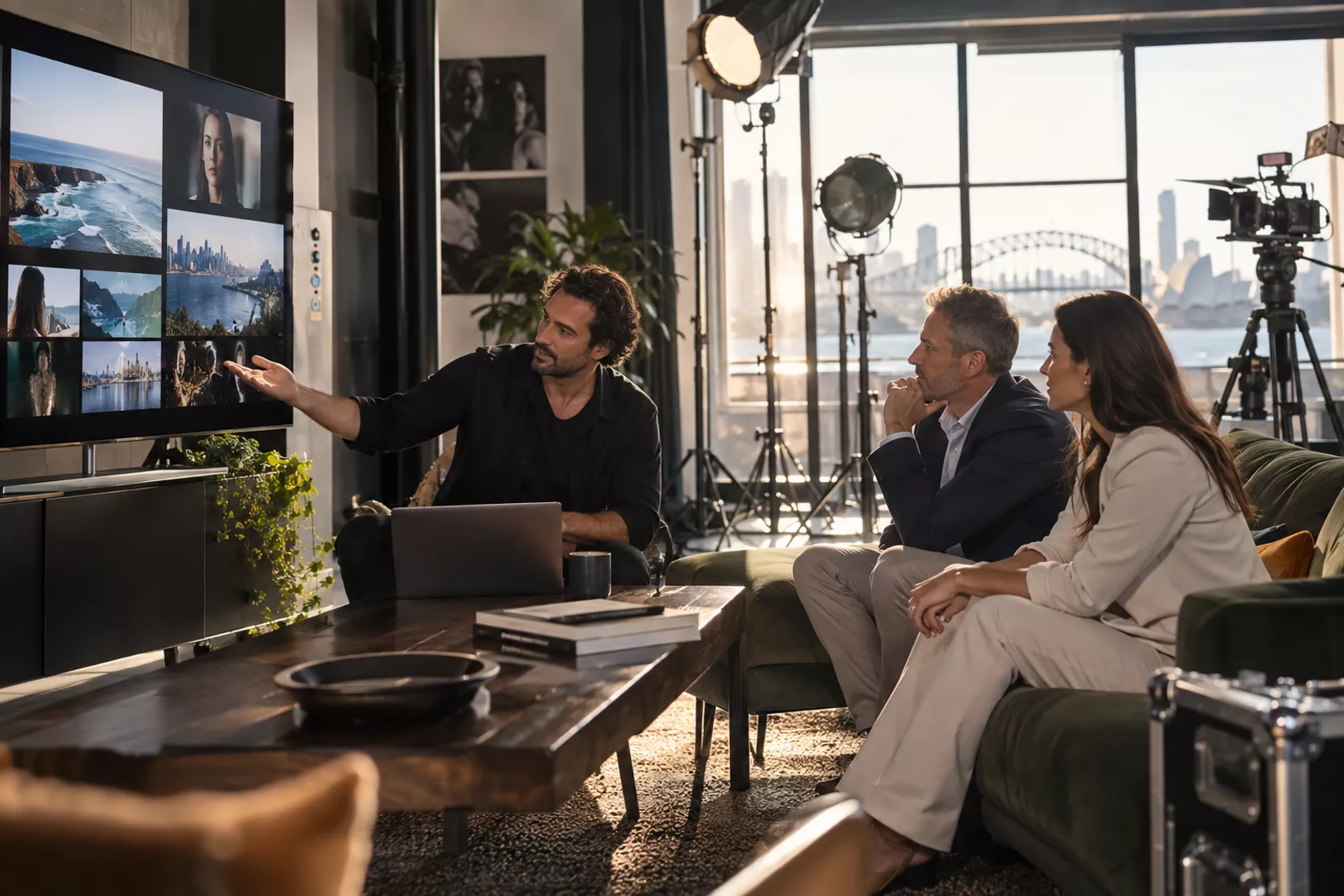 Clients reviewing a video production company's portfolio in a Sydney studio