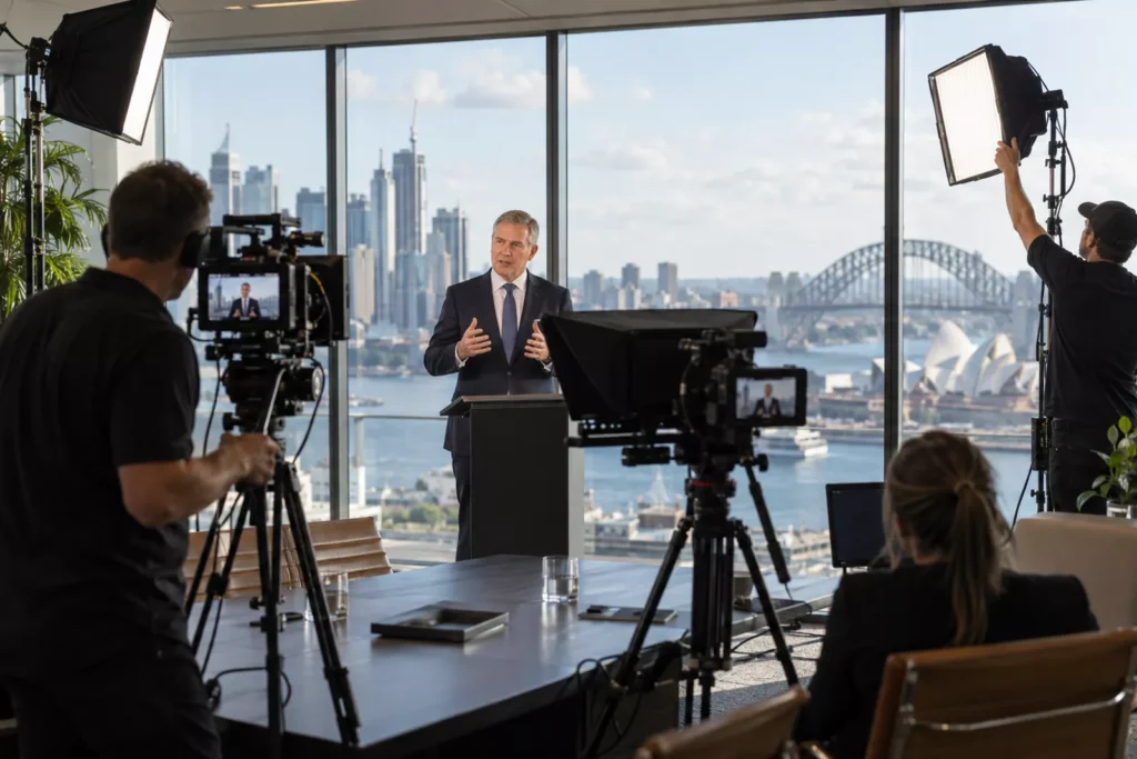 Corporate video shoot with teleprompter and lighting in a Sydney boardroom