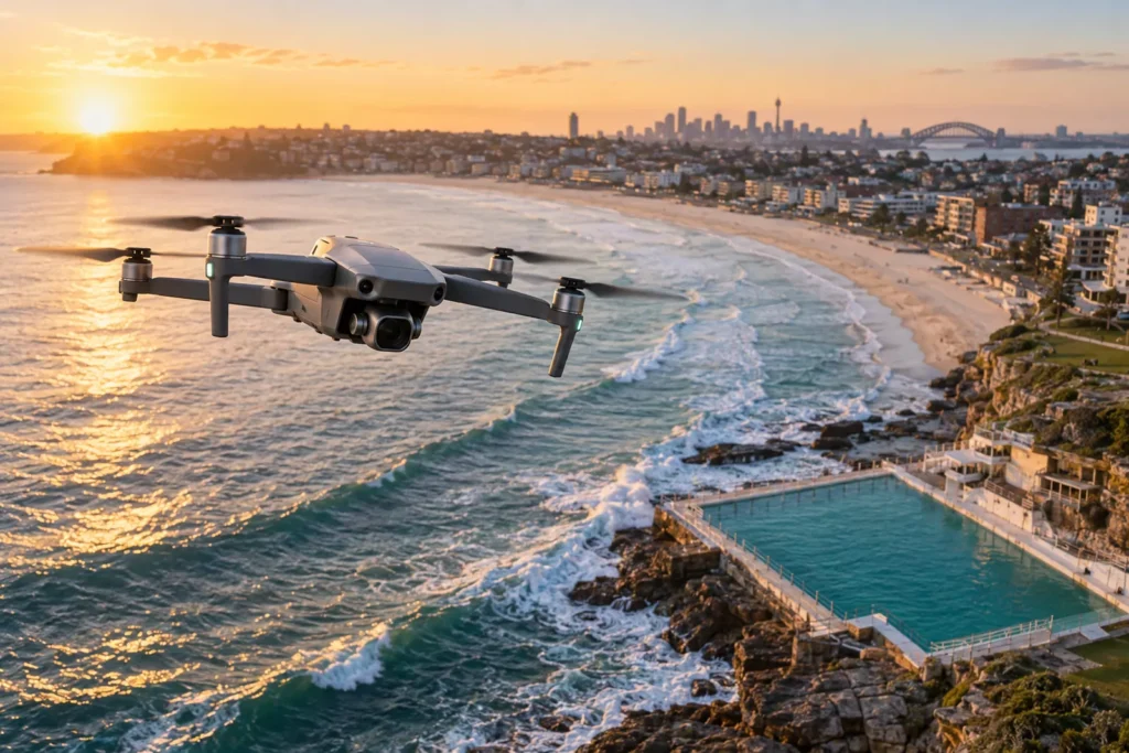 Professional camera drone flying over the Sydney coastline at sunrise