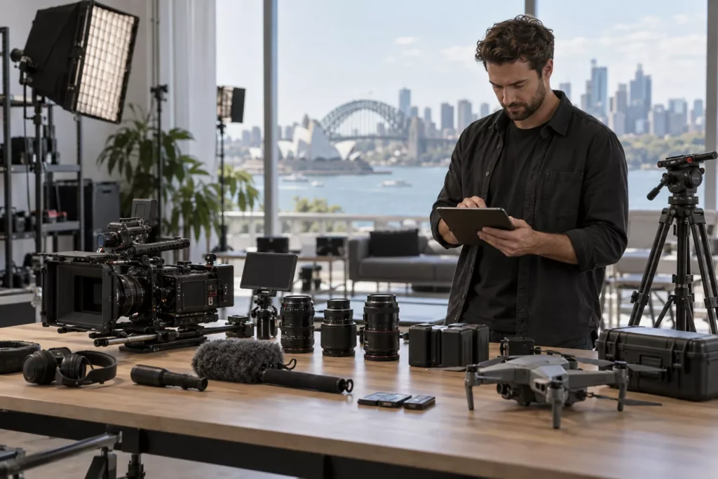 Professional video production equipment laid out for a shoot
