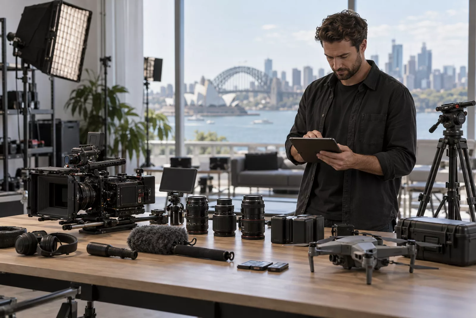 Professional video production equipment laid out for a shoot